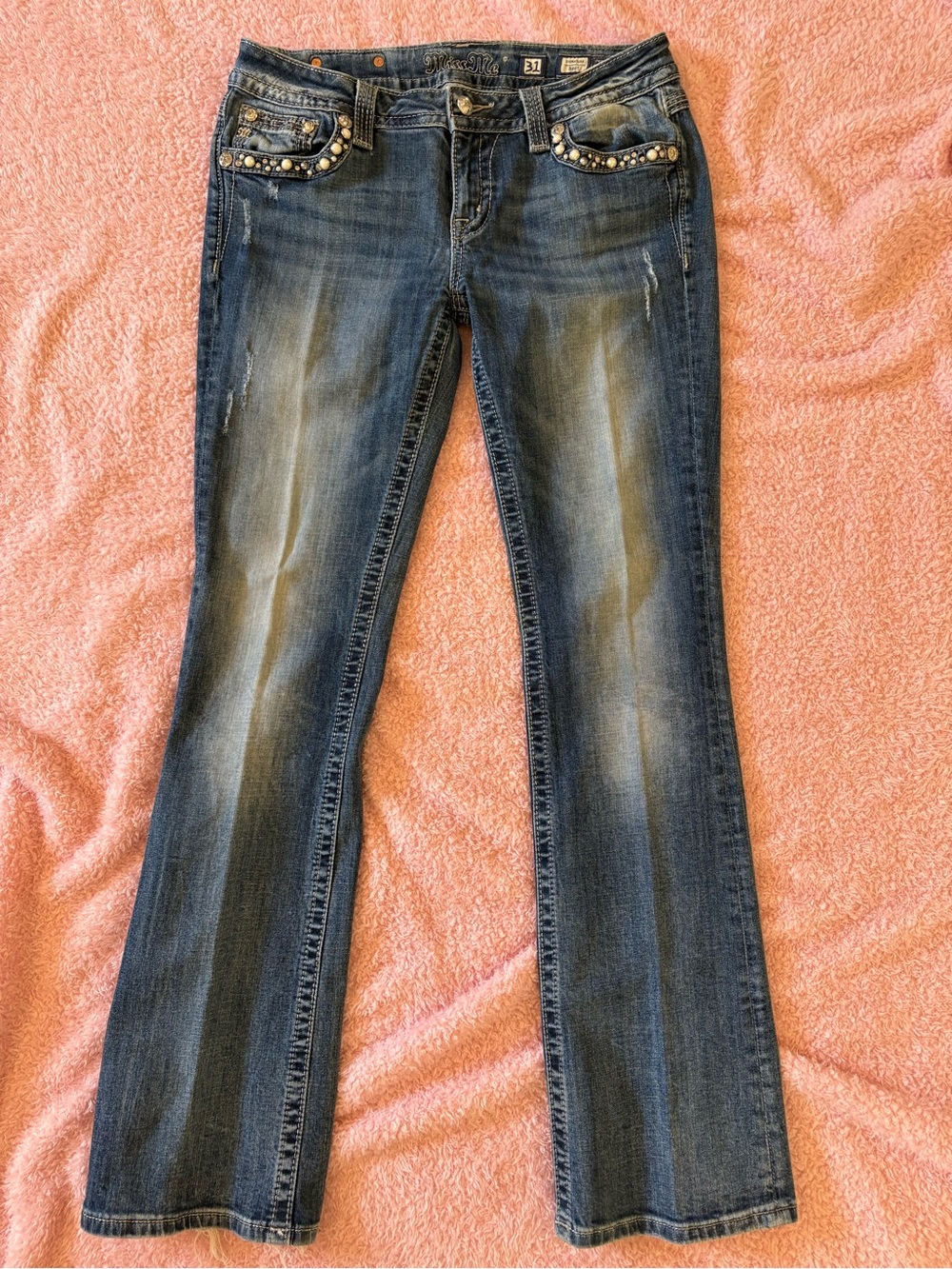 Miss Me Blue Bootcut Jeans with Studded Pocket Trim Bling Distressed Size 31